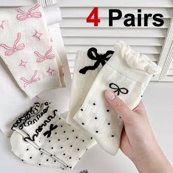 4 Pairs Women Bow Patterned Medium Length Socks Summer Lightweight Sweat Absorbing Breathable Soft Comfortable Casual Socks One Size