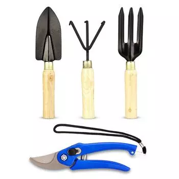 4-Piece Gardening Tool Set | Hand Cultivator, Trowel, Garden Fork, Pruner | Wooden Handle