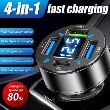4-портовый USB-адаптер, быстрое автомобильное зарядное устройство с синим светом, QC 3.0 PD, адаптер быстрой зарядки, светодиодный цифровой дисплей для Huawei U6O9 чёрный