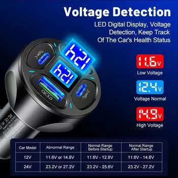 4 Ports USB Car Charger Fast Charging PD Quick Charge 3.0 USB C 66W Car Phone Charger Adapter 2USB+2PD LED Display 12V To 24 V белый