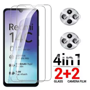 4 шт. [2+2] для Redmi 14C 4G HD прозрачное закаленное стекло защитное стекло + чехол для объектива камеры пленка крышка Redmi 14C 4G белый