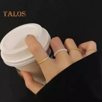 4 шт./компл. Женский комплект колец Ins Bland Style Штабелируемый витой искусственный жемчуг Полированный гладкий нержавеющий сплошной цвет Подарок на день рождения Коммутирующий костяшка безымянного пальца золотистый