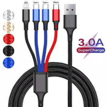 4 в 1/3 в 1 Micro USB Type C кабель для быстрой зарядки 3A телефонный кабель для передачи данных для iPhone 15 14 Xiaomi Huawei USB C Black 3 in 1 Cable