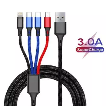 4 в 1/3 в 1 Micro USB Type C кабель для быстрой зарядки 3A телефонный кабель для передачи данных для iPhone 15 14 Xiaomi Huawei USB C 1.2m чёрный