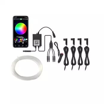 4-в-1 RGB светодиодная лента для создания атмосферы в салоне автомобиля, 5 м оптоволоконных лент, управление через приложение