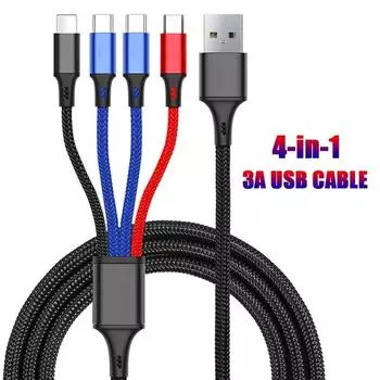 4 в 1 USB-кабель 3A USB A на Micro USB/Type C/8-контактный кабель для зарядного устройства iPhone, кабель для быстрой зарядки и передачи данных для iPhone 14 11 Xiaomi 1.2m