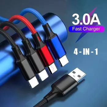 4 в 1 USB-кабель для iPhone 3 в 1 USB A на Micro USB/Type C/8-контактный зарядный кабель 3A кабель для быстрой зарядки для Samsung Xiaomi 1.2m
