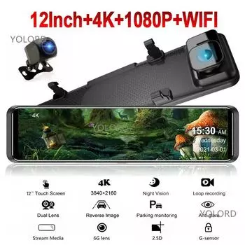 4K 2160P Ultra HD 3840*2160P Автомобильный видеорегистратор Камера WIFI Приложение 12-дюймовое зеркало заднего вида Видеорегистратор Видеорегистратор Двойная камера спереди и сзади 0GB чёрный