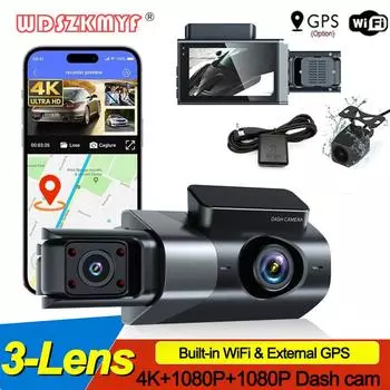 4K камера переднего и заднего вида GPS видеорегистратор для автомобилей видеорегистратор WIFI 3-объективная камера для автомобиля ночное видение автомобильный видеорегистратор NONE