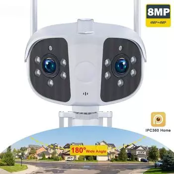 4K Wi-Fi камера безопасности, наружная фиксированная широкоугольная панорамная камера 180°, водонепроницаемая видеокамера наблюдения, 8 МП, двойной объектив, мини-камера видеонаблюдения