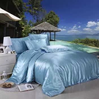 4pc Satin Comfortable Silk Fitted Sheet Bed Flat Sheet Bedding Set Case Pillow Light Blue,Queen