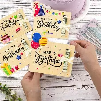 4Pcs Birthday Money Holder For Cash Gift Ideas - Fun Money Gift Cash Holder, Wooden Money Birthday Card Holder
