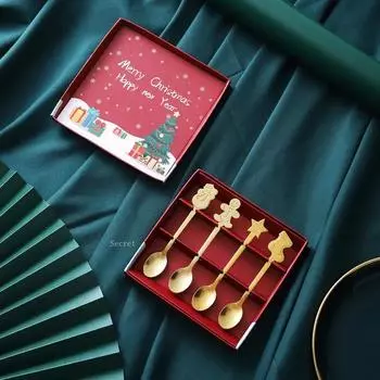 4PCS Christmas Coffee Spoons with Gift Box Teaspoons Dessert Stainless Steel Spoons Tableware Christmas Gift New Year 2025
