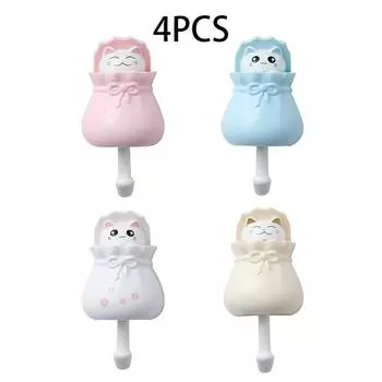 4pcs Cute Cartoon Cat Retractable Hooks,No Drilling Required, Strong Adhesive Wall Hooks for Kitchen, Bathroom, Office,Durable Plastic with Keychain, 4pcs