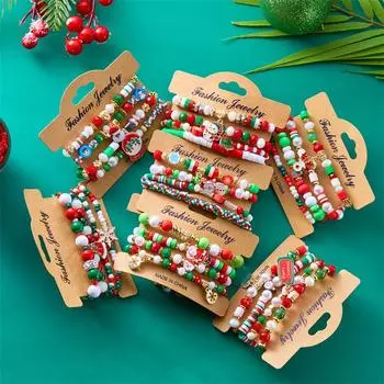 4Pcs/Set Green Red Color Acrylic Beads Christmas Bracelets Cute Snowflake Deer Santa Claus Xmas Tree Bracelet Jewelry For Women