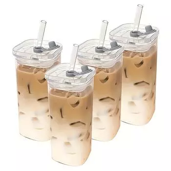 4pcs Straw Square Glass Drinking Cup with Lid, Iced Coffee Cup,Cute Anti-Dump Cup,Perfect for Travel,Hydration, Suitable for Anniversary Holiday Gifts 4pcs