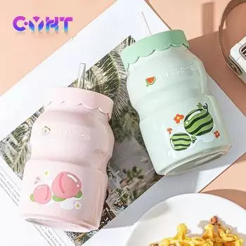 500 мл чашки для напитков с креативным фруктовым узором, бытовые чашки для воды для девочек, керамические кружки для кофе с крышками и соломинками 301-400ml земляничный