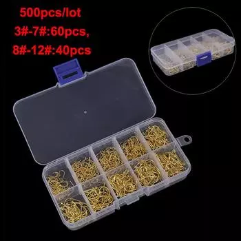 500 шт./компл. #3~#12 рыболовные крючки Золотые рыболовные крючки из углеродистой стали с розничной коробкой золотой