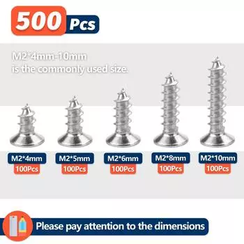 500 шт. M2 Саморезы Phillips Ассортиментный набор 5 размеров Легированная сталь Крестообразный привод Плоская головка Саморезы по дереву DIY
