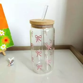 500ml Pink Bow Print Water Bottle Mason Jar Shaped Water Bottle With Lids Plastic Cup Pink Bowknot Tumbler Cup Coffee Juice Cup