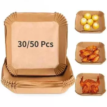 50/30 Pieces Kitchens Accessories Air Fryer Paper Kitchen Utensils Disposable Square Round Pastry Molds BBQ Plate Non-stick Pad 30Pcs