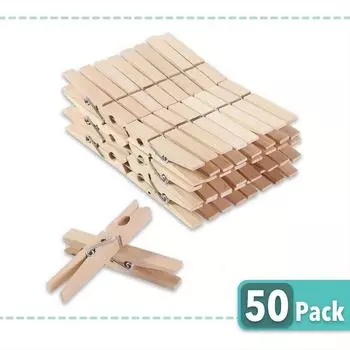 50-Pack Natural Wood Clothespins - Rust-Resistant, Durable Laundry Pins for Hanging Clothes & Towels естественный