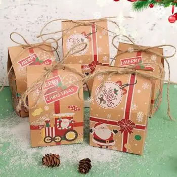 50pcs Kraft Paper House Shape Christmas Candy Box Thickened DIY Christmas Gift Boxes with Ropes Present Packaging Box New Year other