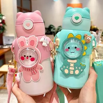 520 мл Kawaii термос для детей, термокружка из нержавеющей стали с соломенным чайником, портативная детская бутылка для воды для школы 520ML