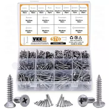 570pcs self tapping screw combination, M3/M4/M5/M6 304 stainless steel self tapping screw kit
