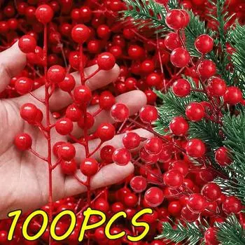 5/100 шт. искусственные цветы-тычинки из красных ягод падуба, рождественские искусственные красные ягоды, украшение для стебля на новогоднюю вечеринку, домашний декор 5PCS