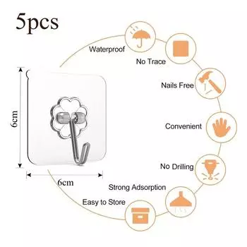 5/10/20 Pcs Transparent Non Perforated Adhesive Hook Strong Use Invisible Hook Wall Door Rear Small Hook Adhesive Hook 6cm*6cm