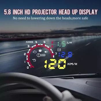 5,8-дюймовый HD-проектор с дисплеем на лобовом стекле W02 Car OBD HUD Ускорение Расход топлива Температура Напряжение Звук Переключатель Скорость Сигнализация
