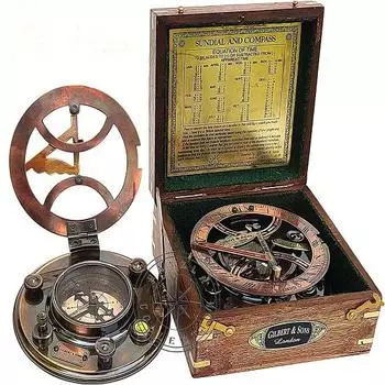 5-дюймовый компас Gilbert Sundial Compass в стиле стимпанк — первоклассные латунные солнечные часы ручной работы в деревянной коробке с диаграммой уравнений