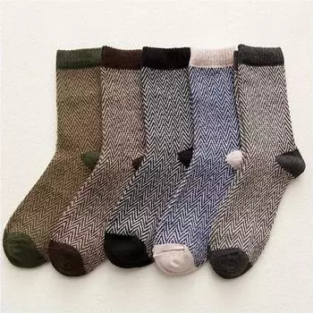 5 Pairs Men Retro Round Neck Socks Autumn Winter Thick Warm Wave Print Ethnic Style Soft Comfortable Casual Mid Tube Socks One Size