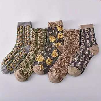5 пар женских носков средней длины с 3D-цветочной текстурой, модные универсальные, весенне-осенние, в стиле ретро, в дворцовом стиле, удобные повседневные носки One Size