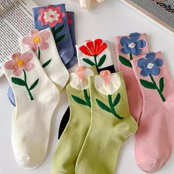 5 пар женских носков-трубок MIEXD с рисунком цветов ярких цветов Kawaii, дышащие повседневные короткие носки B-5pair