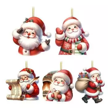 5 Pcs Santa Claus Ornaments 2D Acrylic Cartoon Santa Claus Pendant Christmas Tree Hanging Decoration for Car Tree Door Wall Home Holiday Decor 5pcs