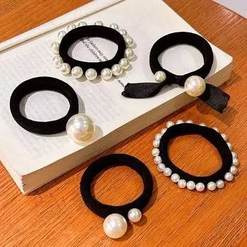 5-Piece Elegant Imitation Pearl Bow Hair Band - Durable High Elastic Hair Band | Perfect With Ponytails And Fashionable Buns