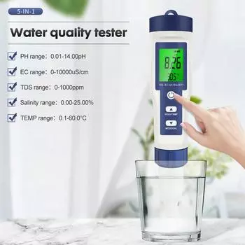 5 в 1 тестер качества воды цифровой измеритель TDS/EC/PH/солености/температуры для бассейнов аквариумов детектор качества подсветки воды