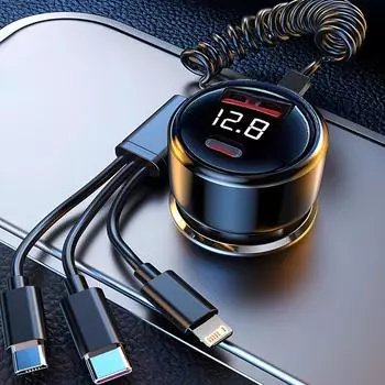 5 в 1 USB C автомобильный адаптер для зарядки телефона с дисплеем напряжения пружинный кабель 230 Вт супер быстрое зарядное устройство для iPhone16 15 Pro Max Samsung чёрный