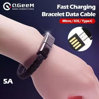 5А Браслет USB-кабель для быстрой зарядки Шнур для зарядки данных Кабель USB C для iPhone 14 13 12 11 Samsung HUAWEI xiaomi POCO Микрокабель Аксессуары для браслета 20cm-Micro чёрный