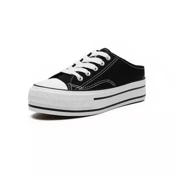 5cm Women Canvas Sneakers Mules Shoes New Casual Half Slippers Flats Female White Retro Low Bottom Black Platform Loafers 35