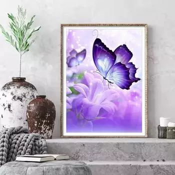 5D Diy Алмазная картина Фиолетовая бабочка Набор для вышивки крестом Полная алмазная вышивка Мозаика Художественная картина Стразы Декор Подарок Full Round 20x30cm