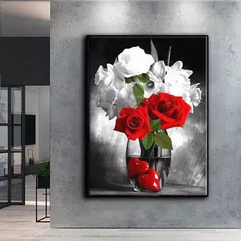 5D DIY Алмазная картина Красные и белые цветы Набор для вышивки крестиком Мозаика Алмазная вышивка Роза Полный круглый/квадратный дрель Украшение дома Round 30x40cm