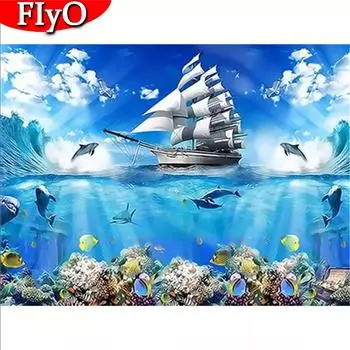 5D DIY Алмазная картина Парусник Rhinestone Kit Алмазная вышивка Пейзаж Алмазная мозаика Ручная работа Украшение дома Full Round (20X30CM)
