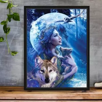 5D DIY Алмазная картина Волк и женщина, набор для вышивки крестом, мозаика, алмазная вышивка, полная круглая/квадратная дрель, украшение для дома Round 30x40cm