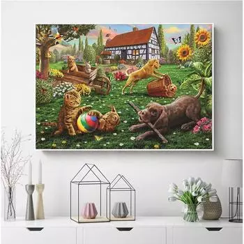 5D DIY Алмазная вышивка Собака Кошка Алмазная картина Пейзаж Полный круглый горный хрусталь Вышивка крестом 20X30CM