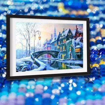 5D Diy Алмазная картина Маленький городок Снежная сцена Полная круглая алмазная вышивка Полная мозаика Вышивка крестом 20X30CM