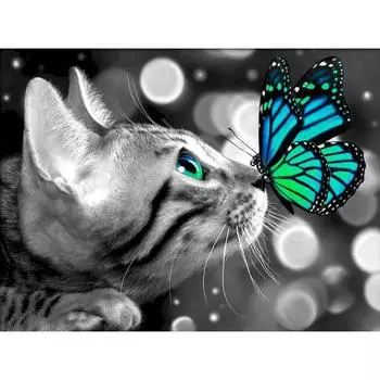 5D DIY Набор Алмазной Живописи Кошка Фотографии Стразов Для Взрослых Детей Алмазная Вышивка Бабочка Мозаика Декор Full Round 20x30CM