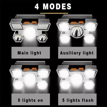 5LED Strong Light Headlamp Long-distance Shooting USB Rechargeable Super Bright Head Flashlight Long Endurance Fishing Lantern